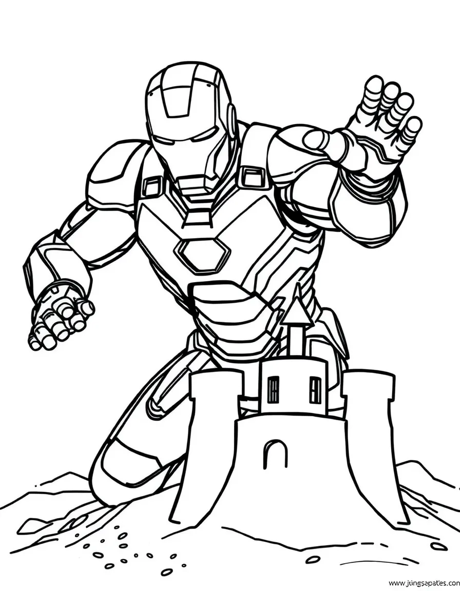 Iron Man building a sandcastle, with big bold outlines for easy coloring.
