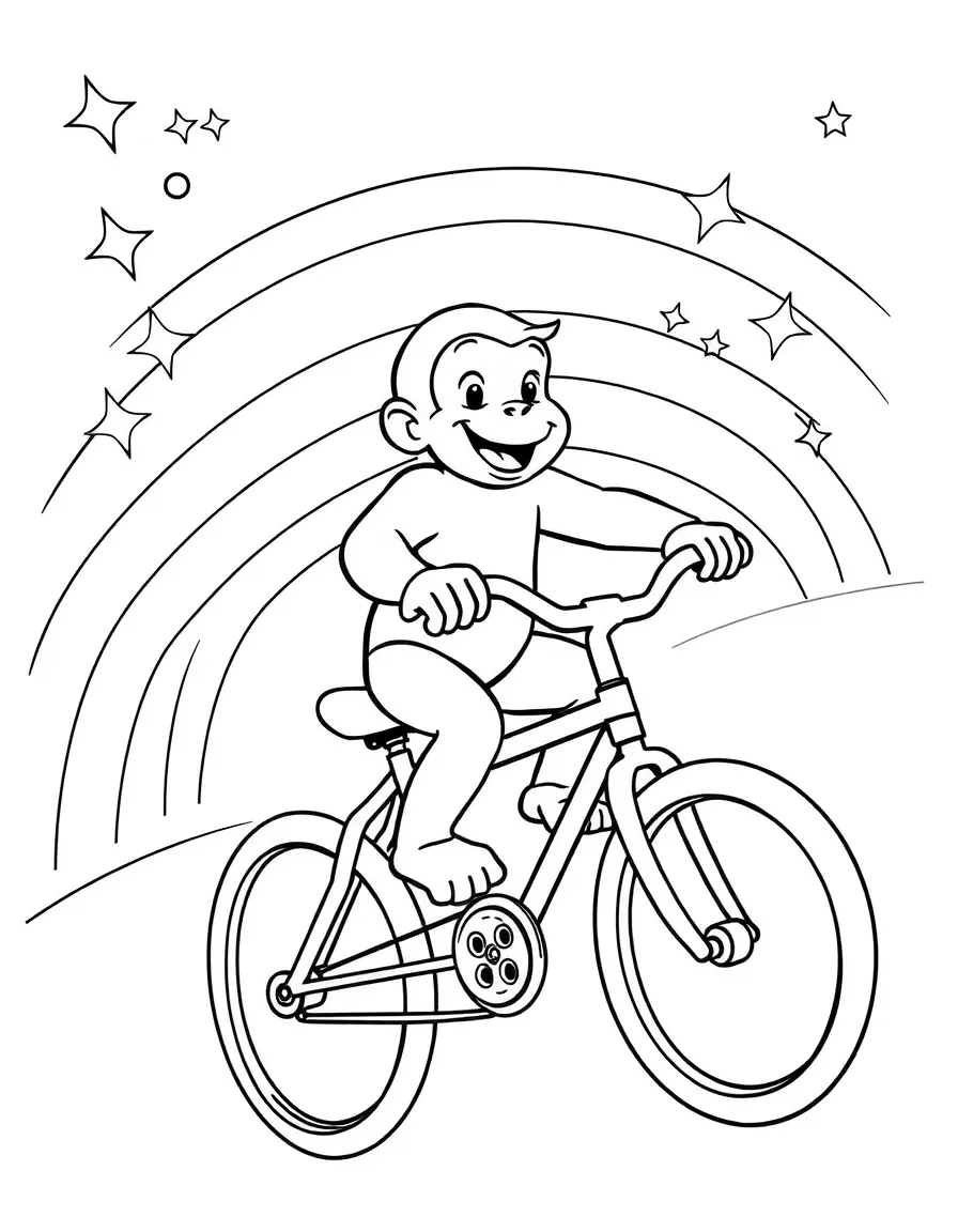 Curious George riding a bicycle, with stars and rainbows in the background.