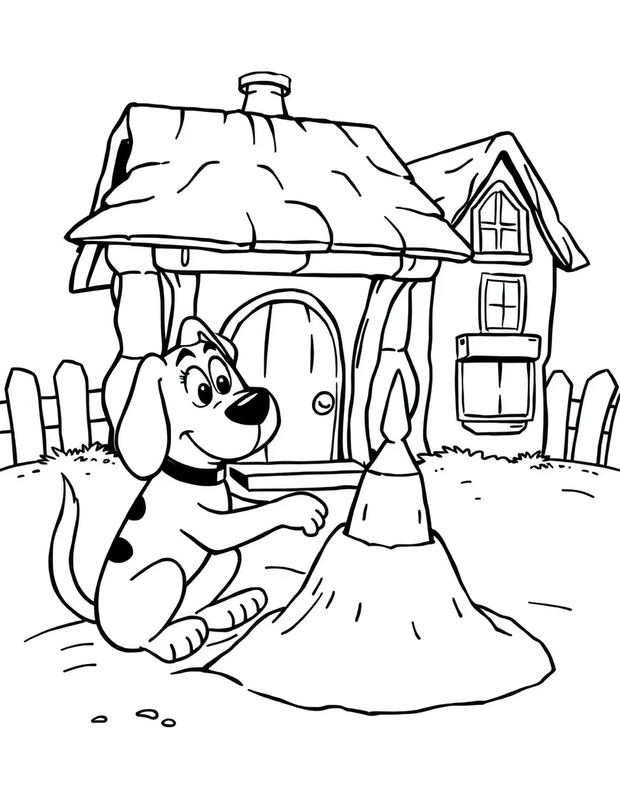 Courage the Cowardly Dog building a sandcastle, in front of their famous house or scene.