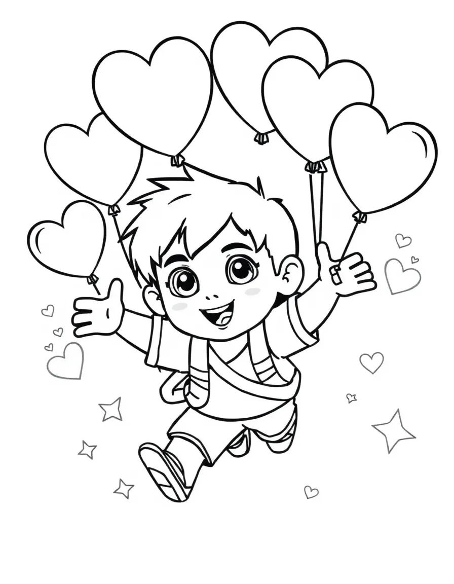 Diego flying with balloons, with hearts and sparkles around.