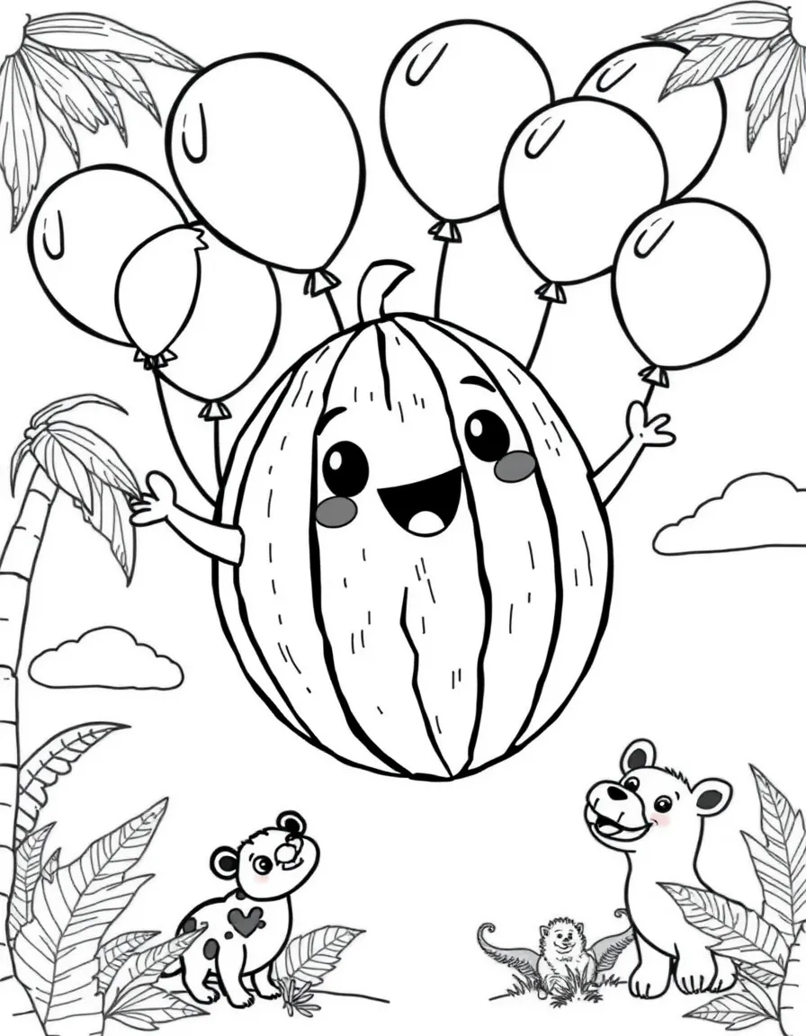 Cocomelon flying with balloons, surrounded by friendly animals.