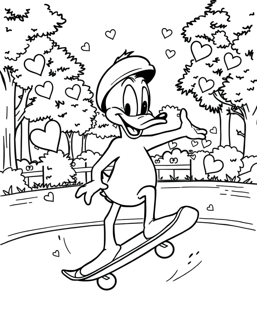 Daffy Duck skateboarding in the park, with hearts and sparkles around.