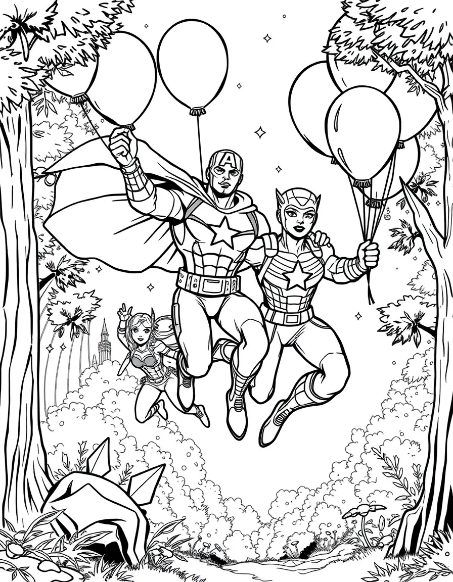 Avengers flying with balloons, in a magical forest setting.