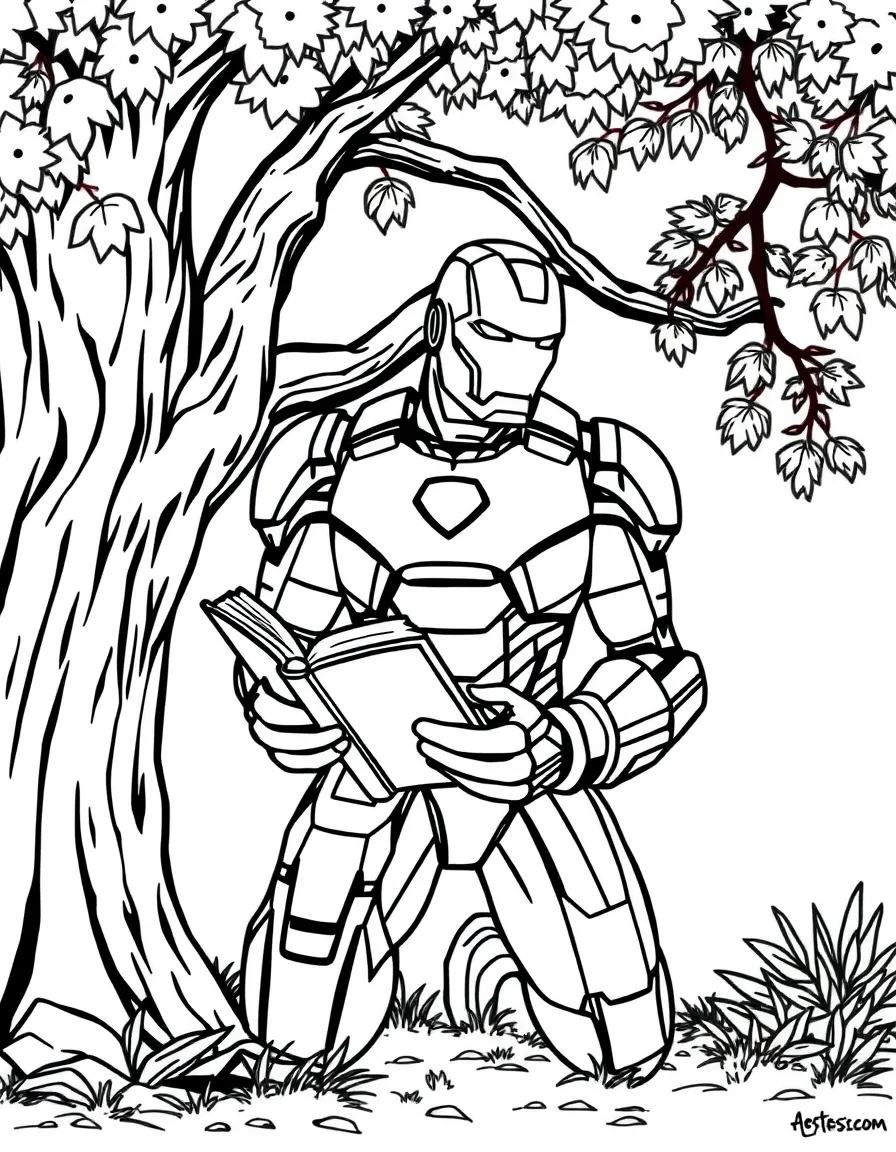 Iron Man reading a book under a tree, with big bold outlines for easy coloring.