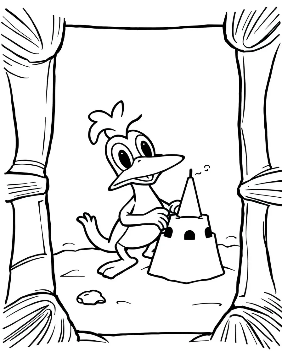 Perry the Platypus building a sandcastle, inside a comic book frame.