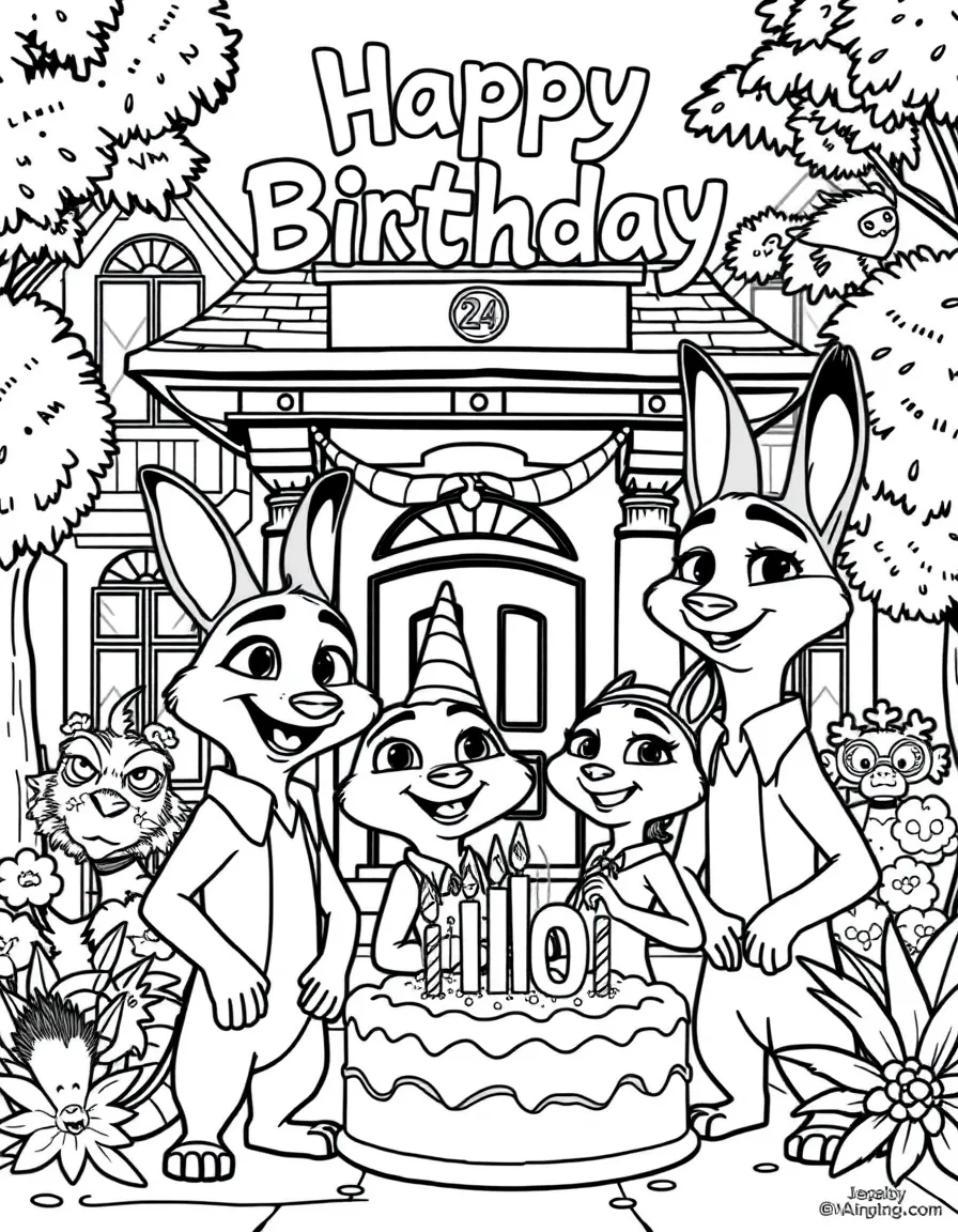 Zootopia celebrating a birthday, in front of their famous house or scene.