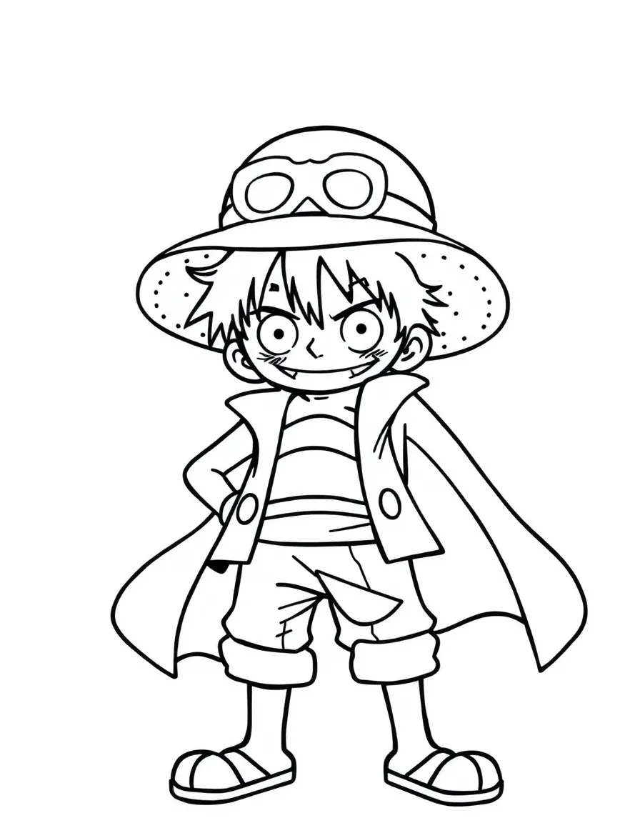 Luffy wearing a superhero costume, with big bold outlines for easy coloring.