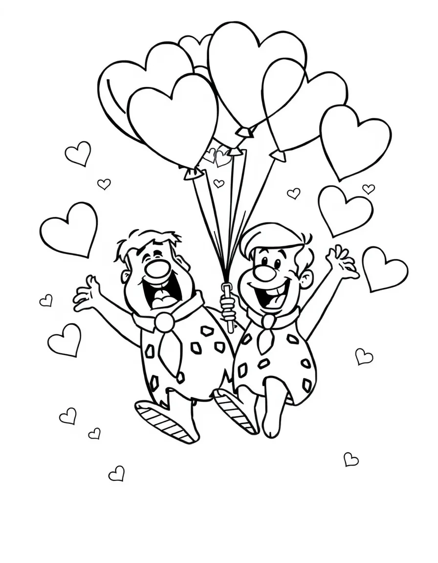 The Flintstones flying with balloons, with hearts and sparkles around.