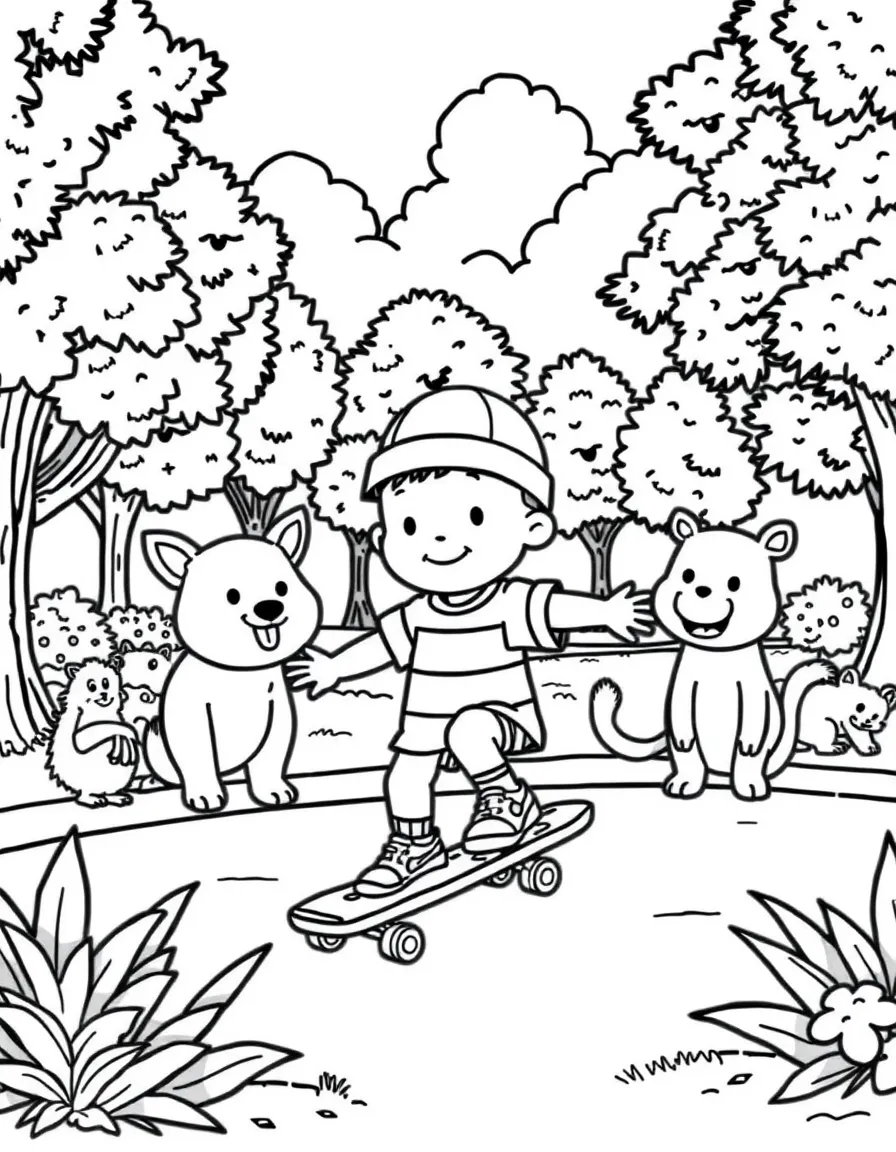 Caillou skateboarding in the park, surrounded by friendly animals.