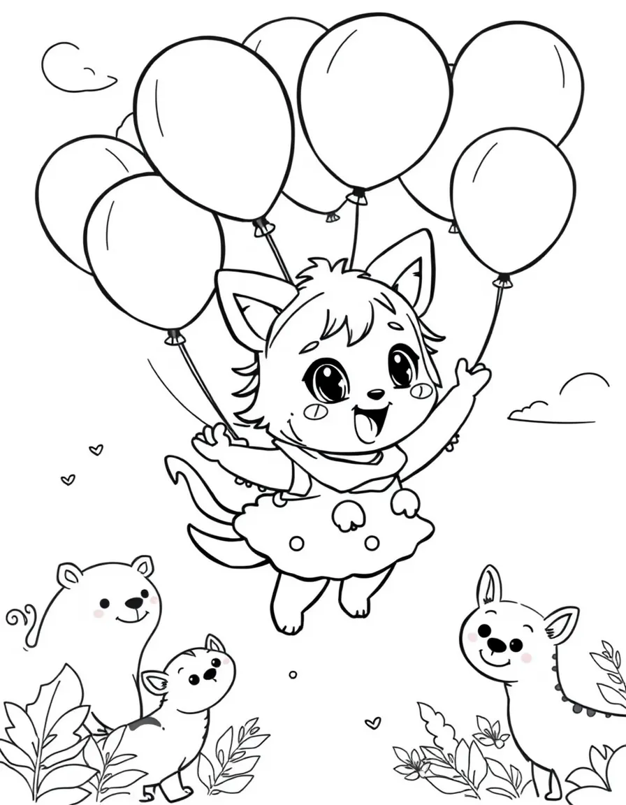 Nami flying with balloons, surrounded by friendly animals.
