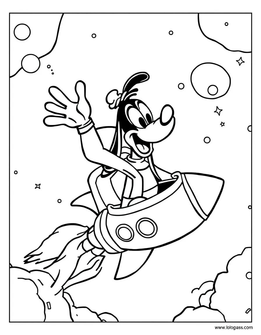 Goofy exploring space in a rocket, inside a comic book frame.