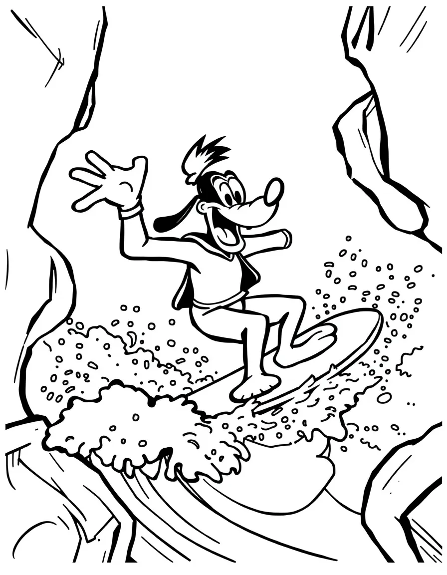 Goofy surfing on waves, inside a comic book frame.
