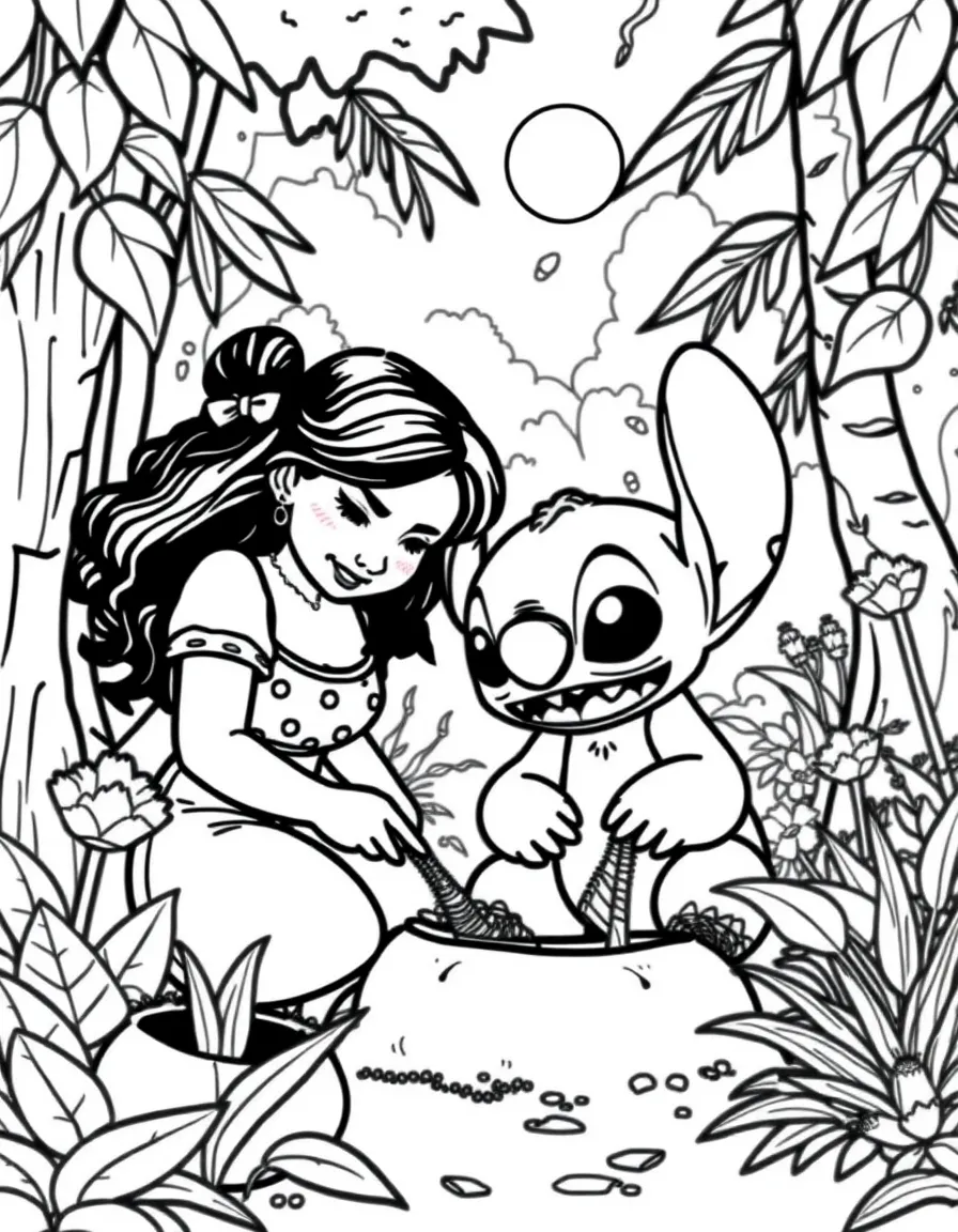 Lilo and Stitch gardening, in a magical forest setting.