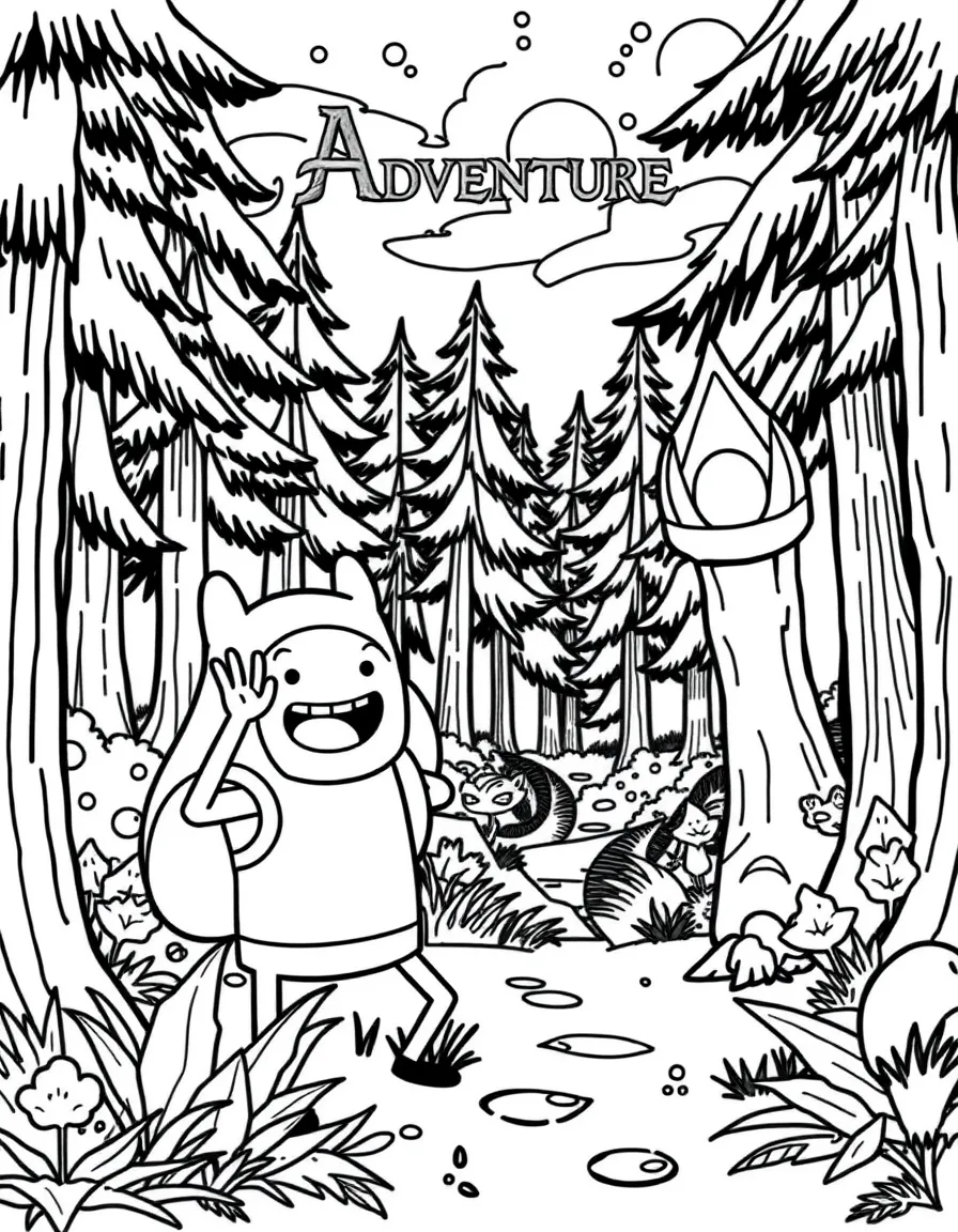 Adventure Time waving hello, in a magical forest setting.