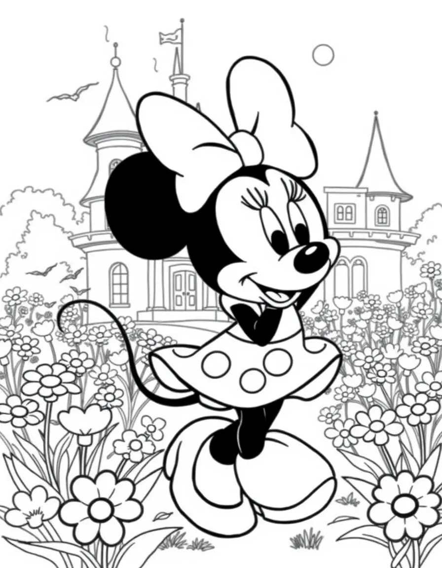 Minnie Mouse dancing in a field of flowers, in front of their famous house or scene.