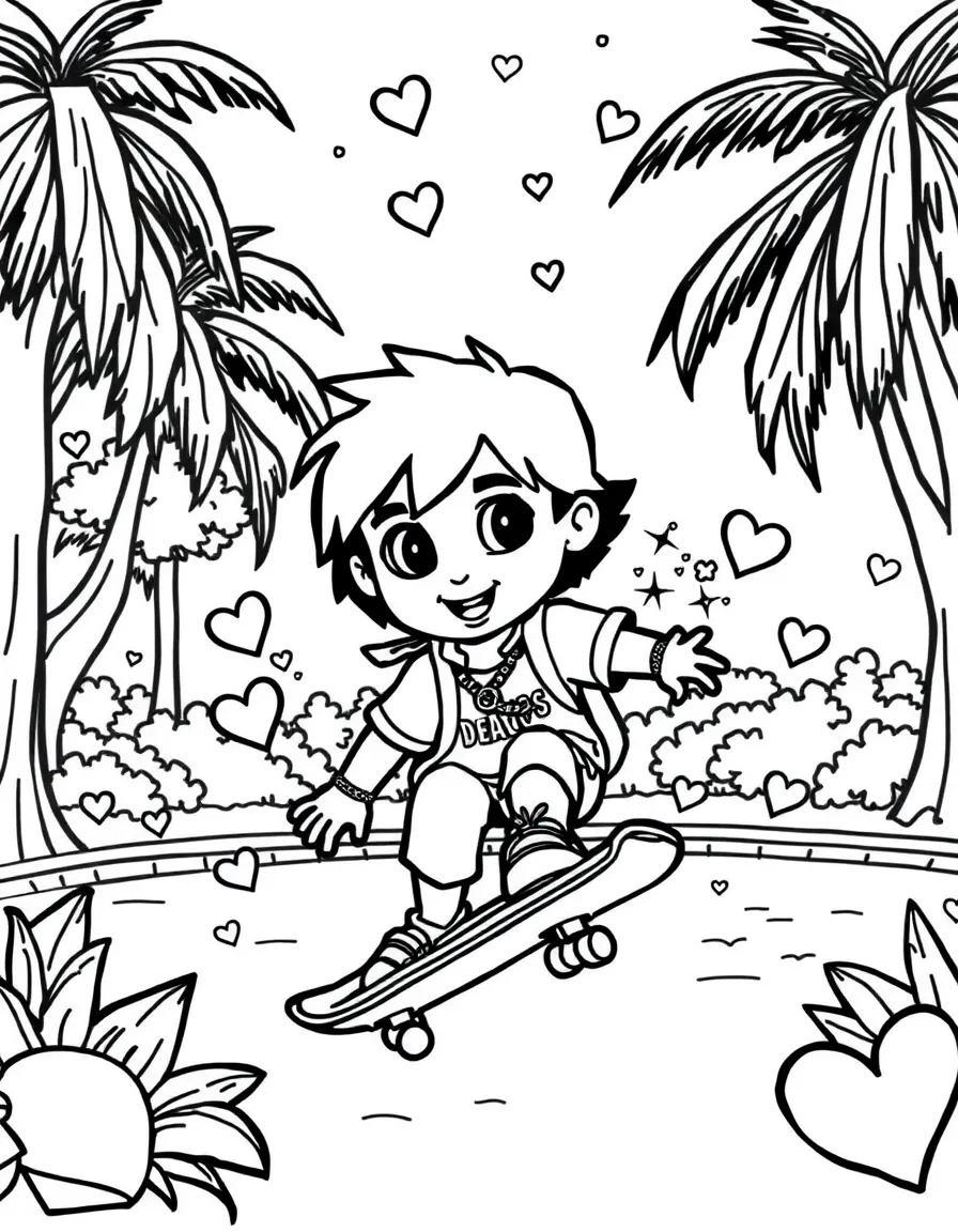 Diego skateboarding in the park, with hearts and sparkles around.