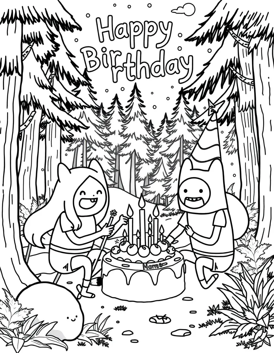 Adventure Time celebrating a birthday, in a magical forest setting.