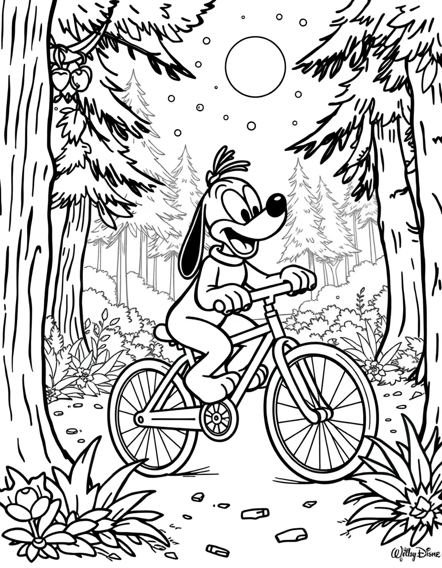 Pluto riding a bicycle, in a magical forest setting.