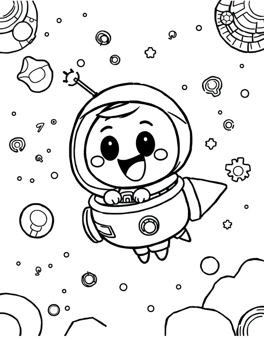 Gumball exploring space in a rocket, with playful patterns around.