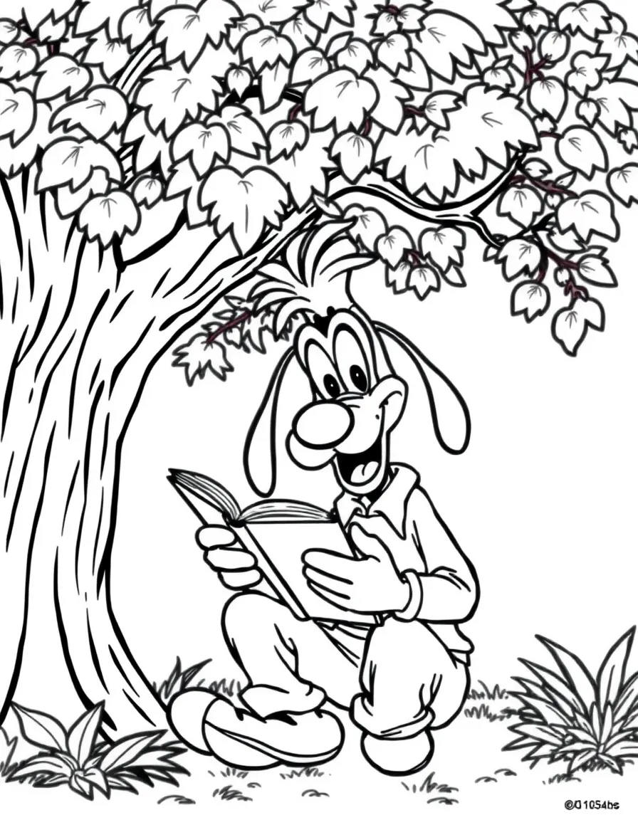Goofy reading a book under a tree, with big bold outlines for easy coloring.