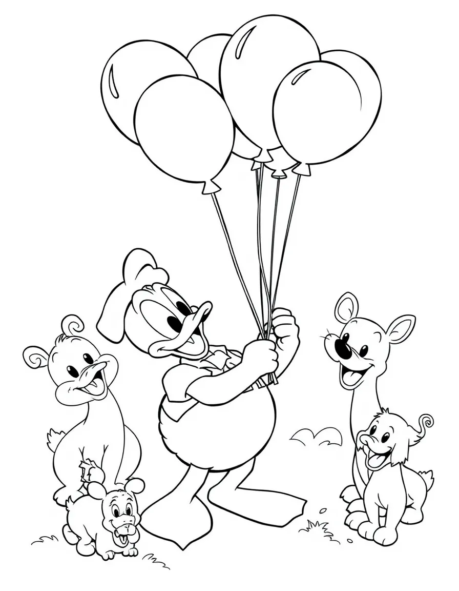 Donald Duck playing with balloons, surrounded by friendly animals.