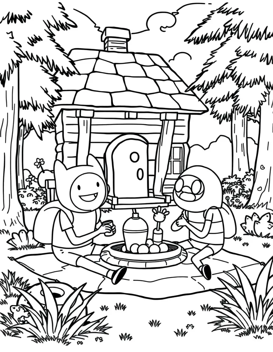 Finn and Jake having a picnic, in front of their famous house or scene.