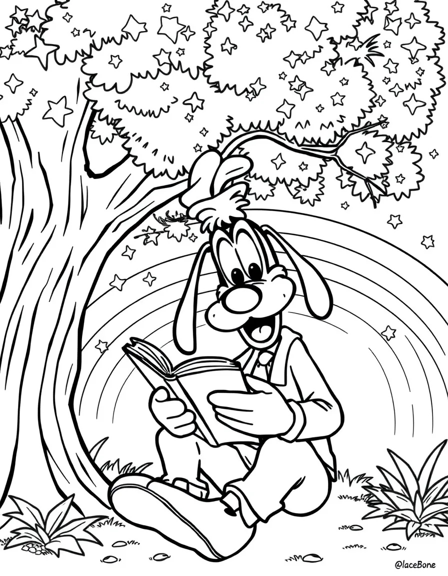 Goofy reading a book under a tree, with stars and rainbows in the background.