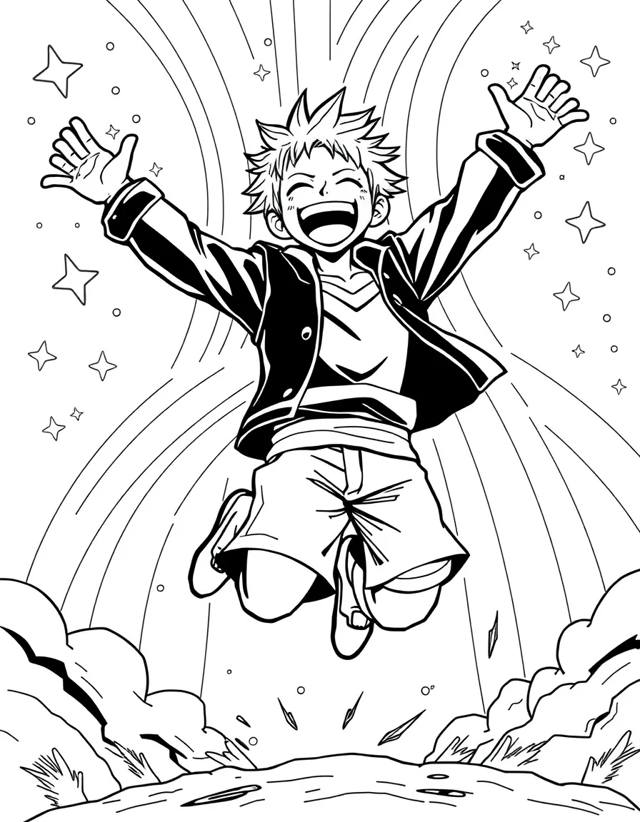 Sanji jumping with joy, with stars and rainbows in the background.