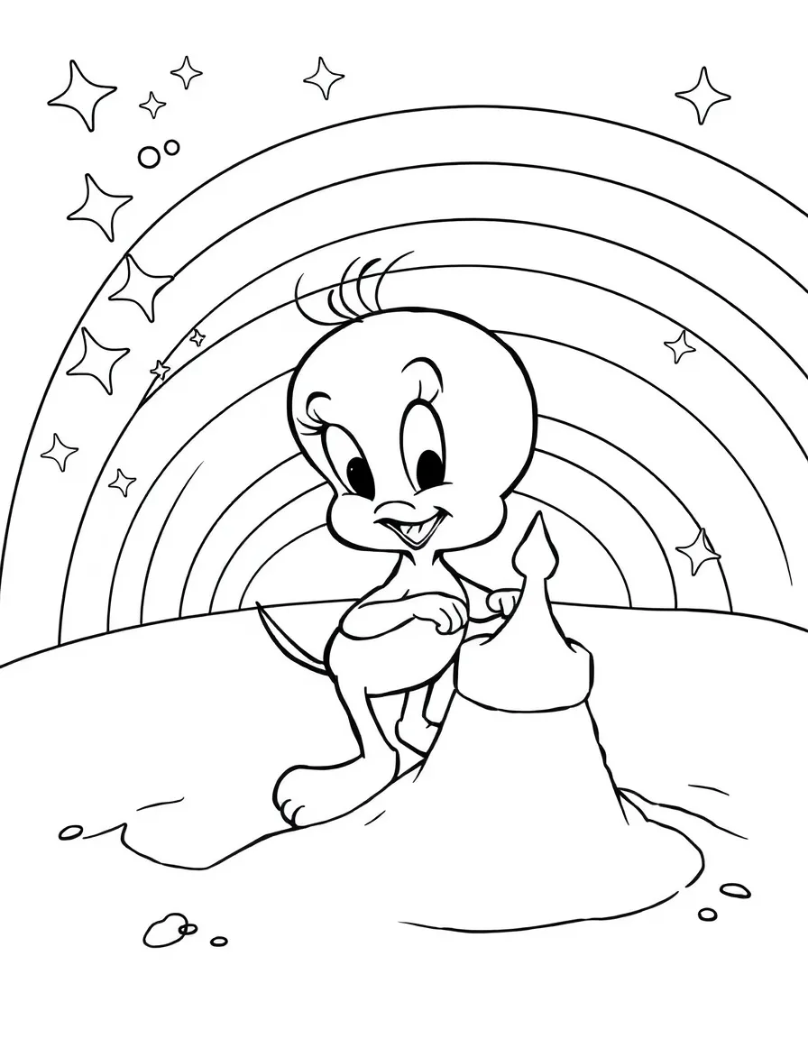 Tweety Bird building a sandcastle, with stars and rainbows in the background.