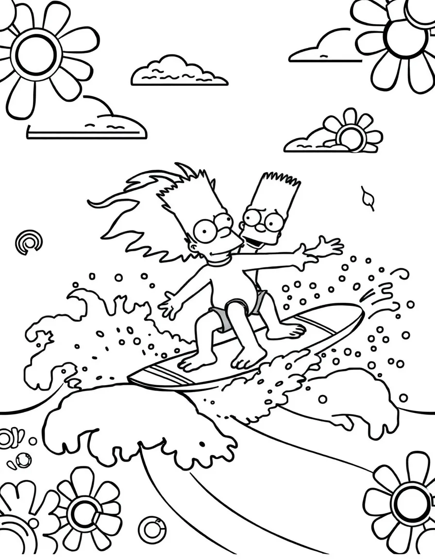 Simpsons surfing on waves, with playful patterns around.
