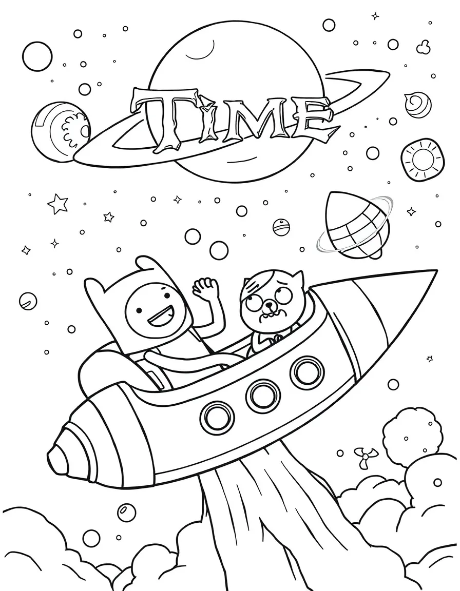 Finn and Jake exploring space in a rocket, with fun background elements.
