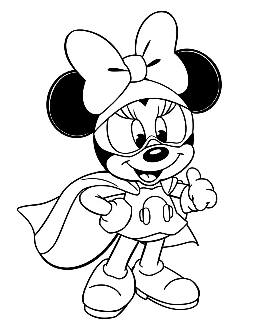 Minnie Mouse wearing a superhero costume, with big bold outlines for easy coloring.