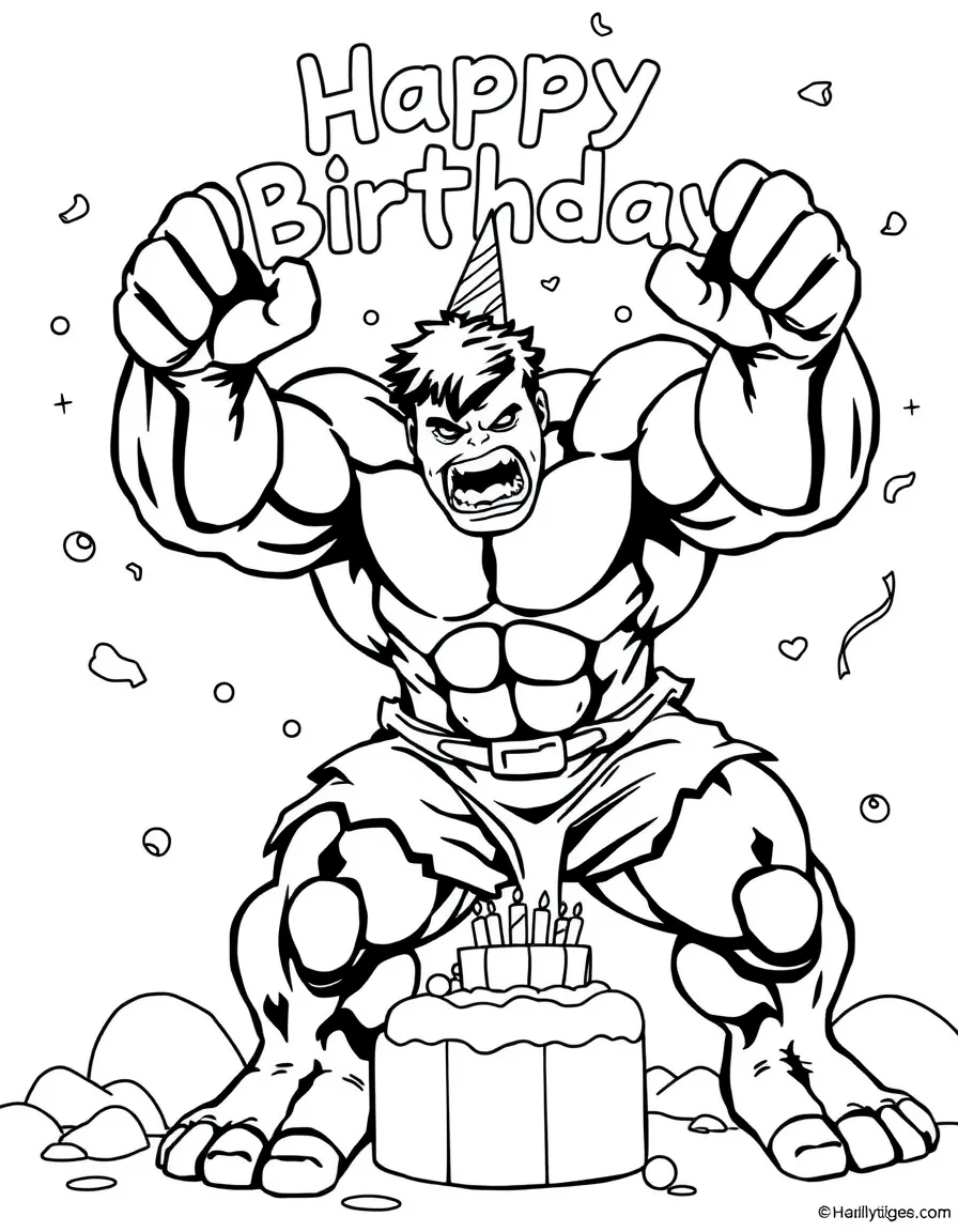 Hulk celebrating a birthday, with big bold outlines for easy coloring.