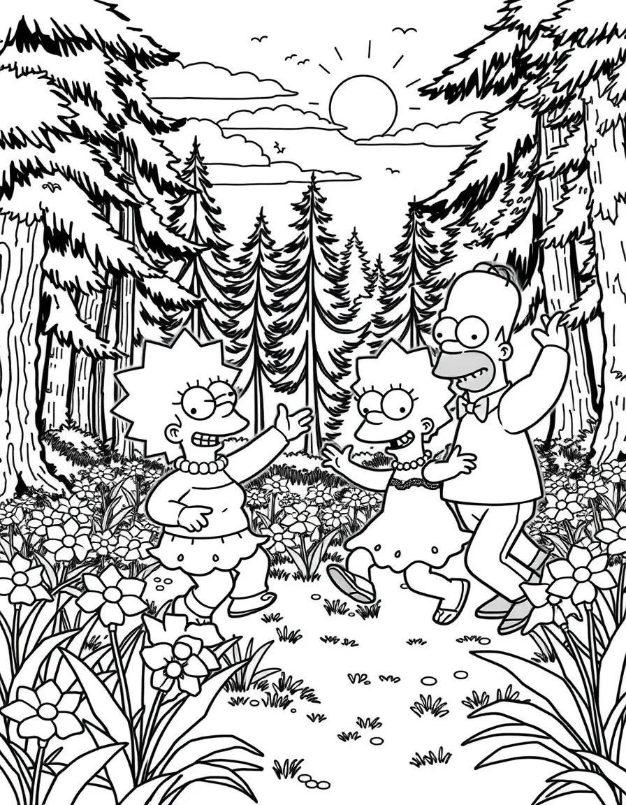 Simpsons dancing in a field of flowers, in a magical forest setting.