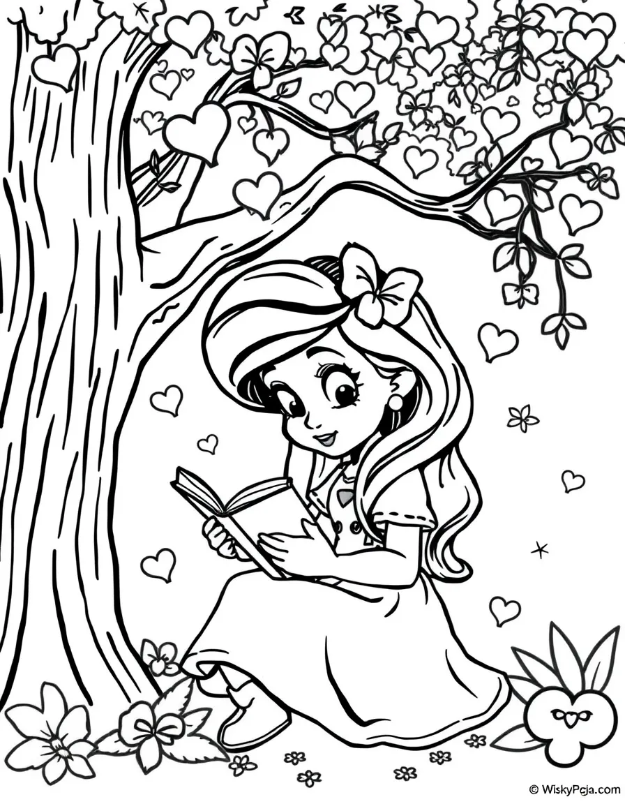 Daphne reading a book under a tree, with hearts and sparkles around.