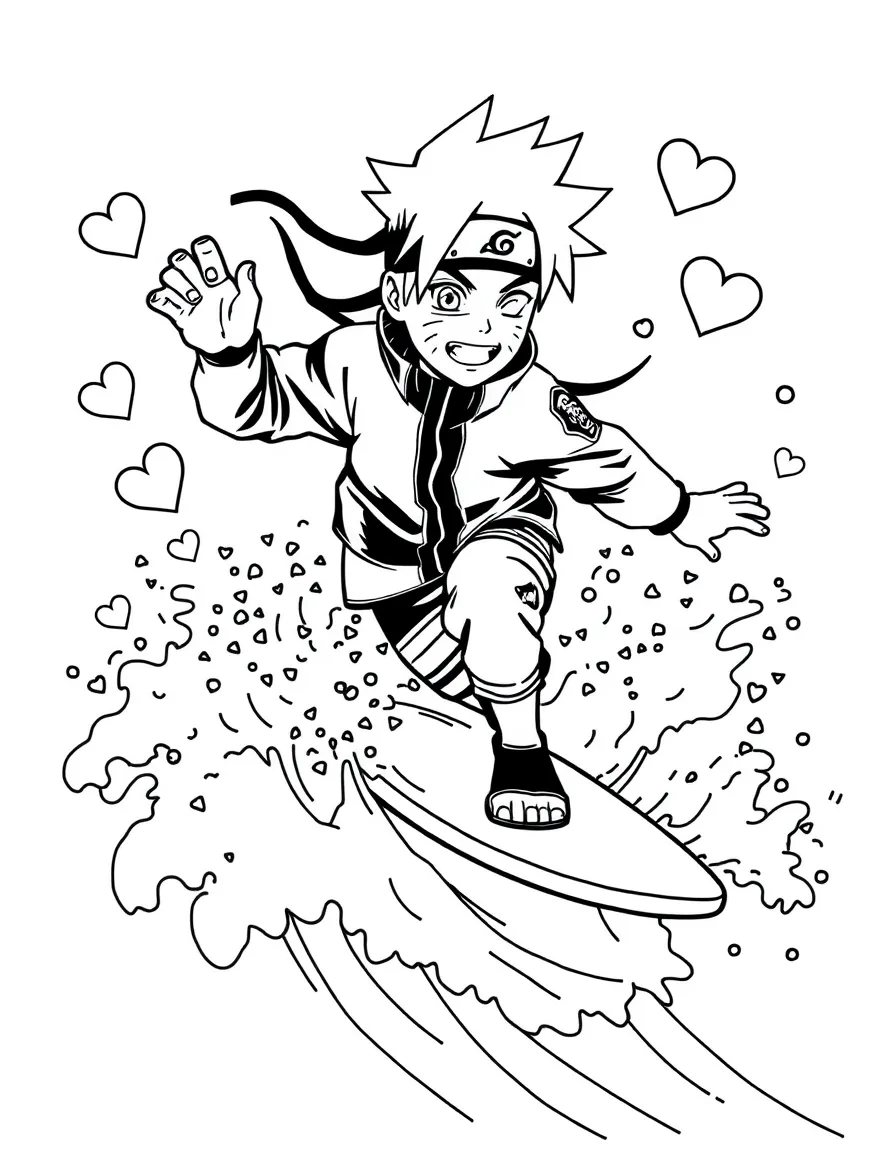 Naruto surfing on waves, with hearts and sparkles around.