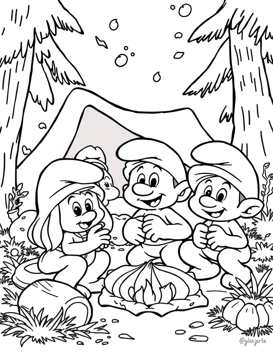 The Smurfs camping with friends, with fun background elements.