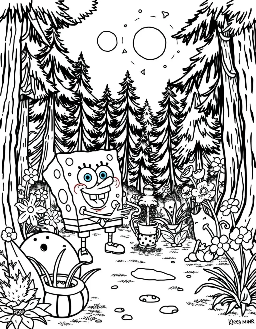 SpongeBob SquarePants gardening, in a magical forest setting.
