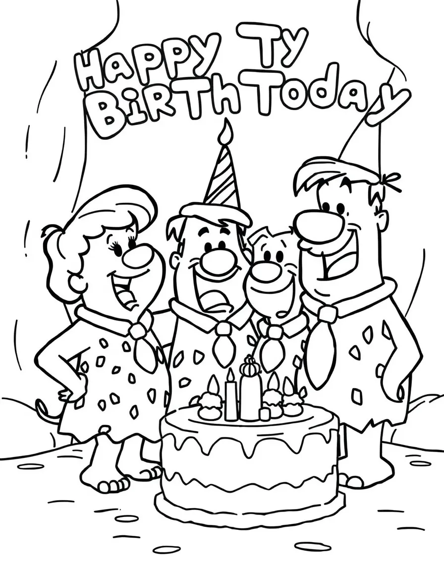 The Flintstones celebrating a birthday, with big bold outlines for easy coloring.