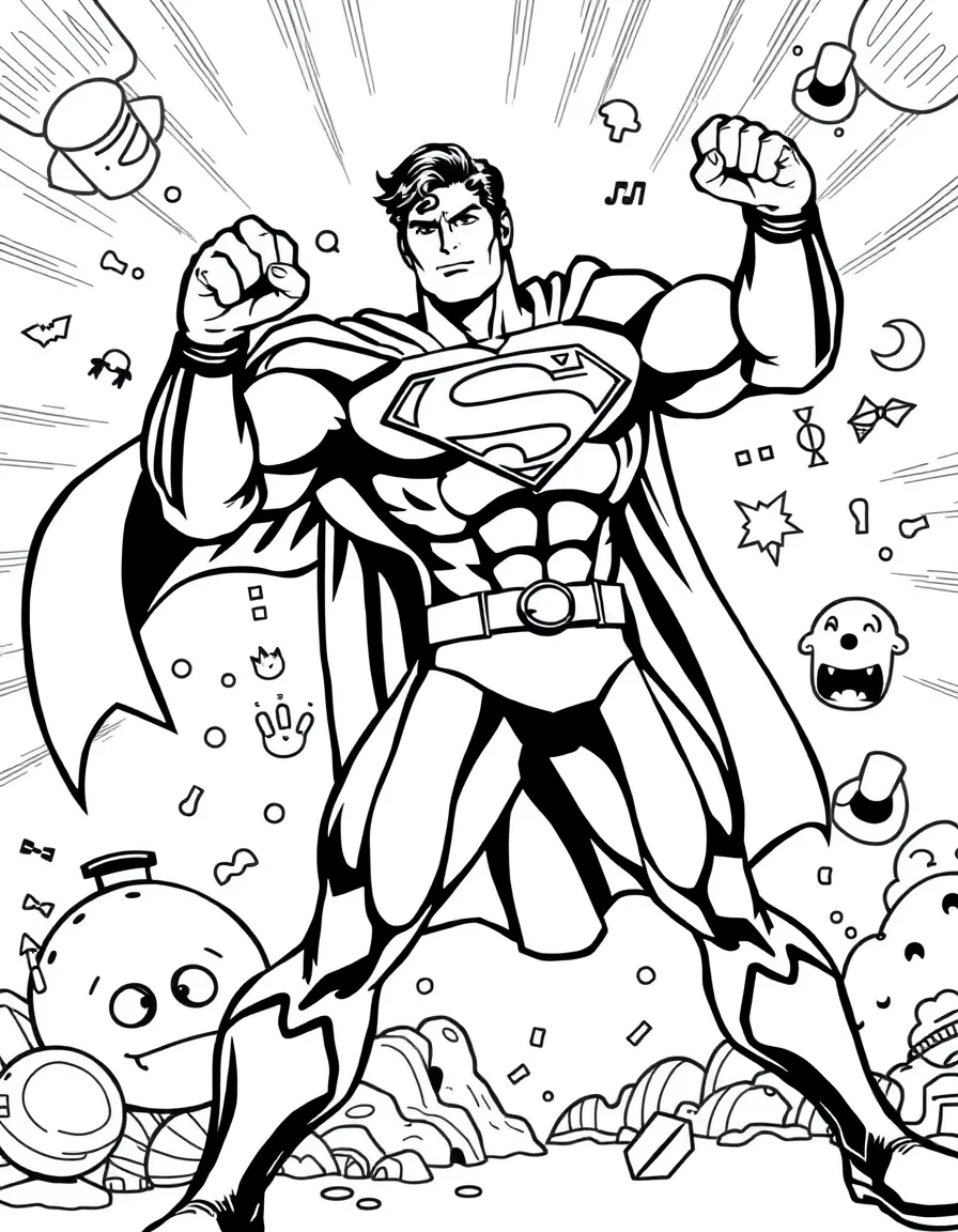 Superman posing heroically, with fun background elements.