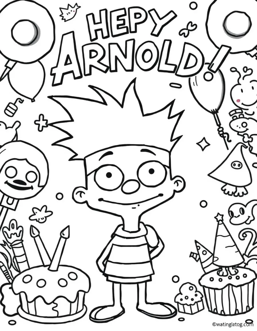 Hey Arnold! celebrating a birthday, with fun background elements.