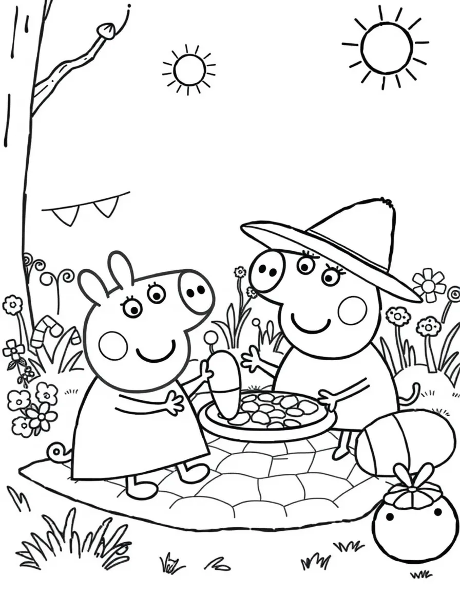 Peppa Pig having a picnic, with fun background elements.