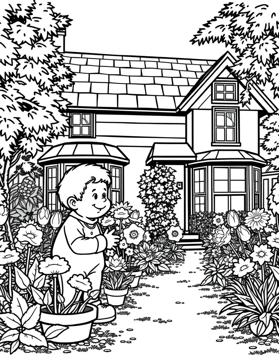 Fred gardening, in front of their famous house or scene.