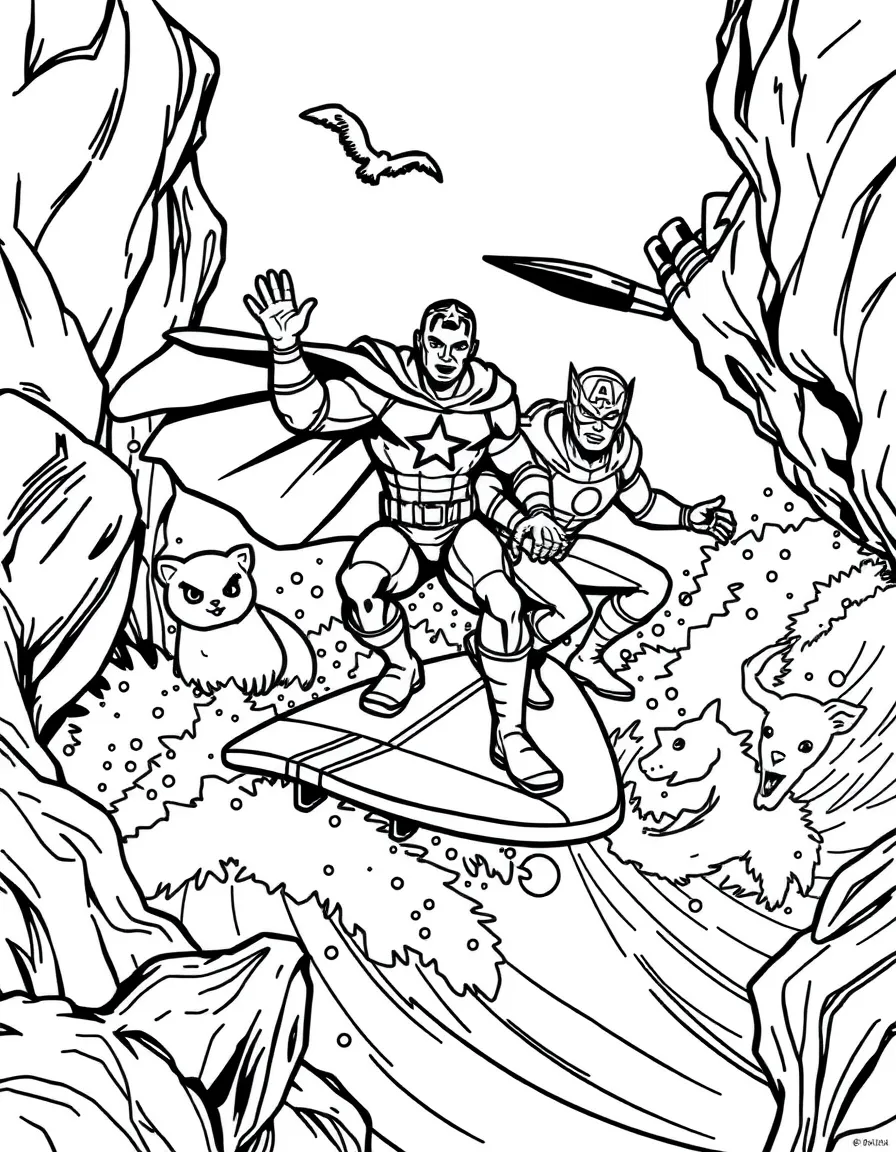 Avengers surfing on waves, surrounded by friendly animals.