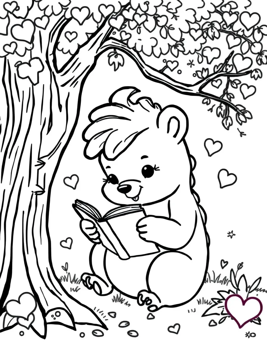 Chowder reading a book under a tree, with hearts and sparkles around.