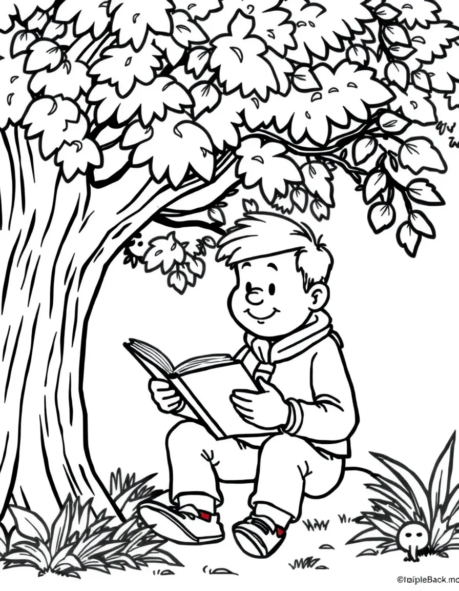Fred reading a book under a tree, with big bold outlines for easy coloring.