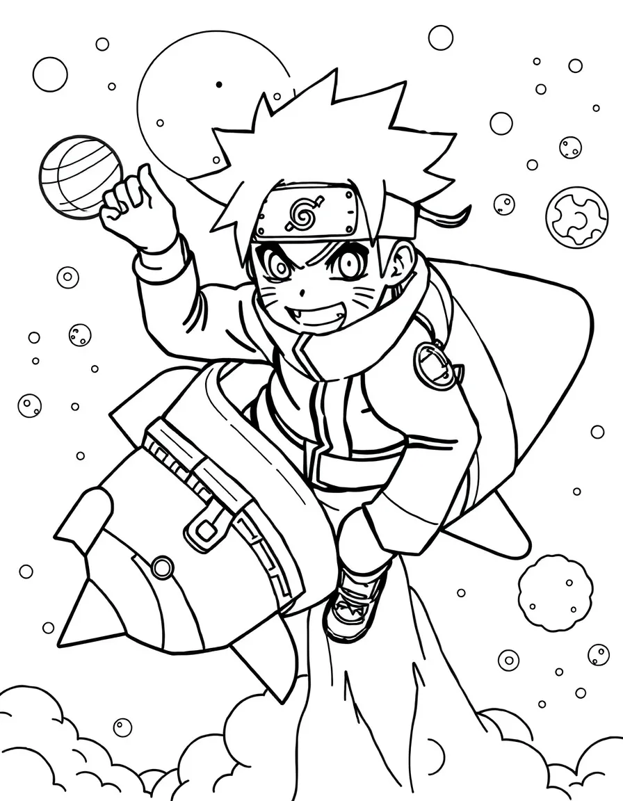 Naruto exploring space in a rocket, with fun background elements.