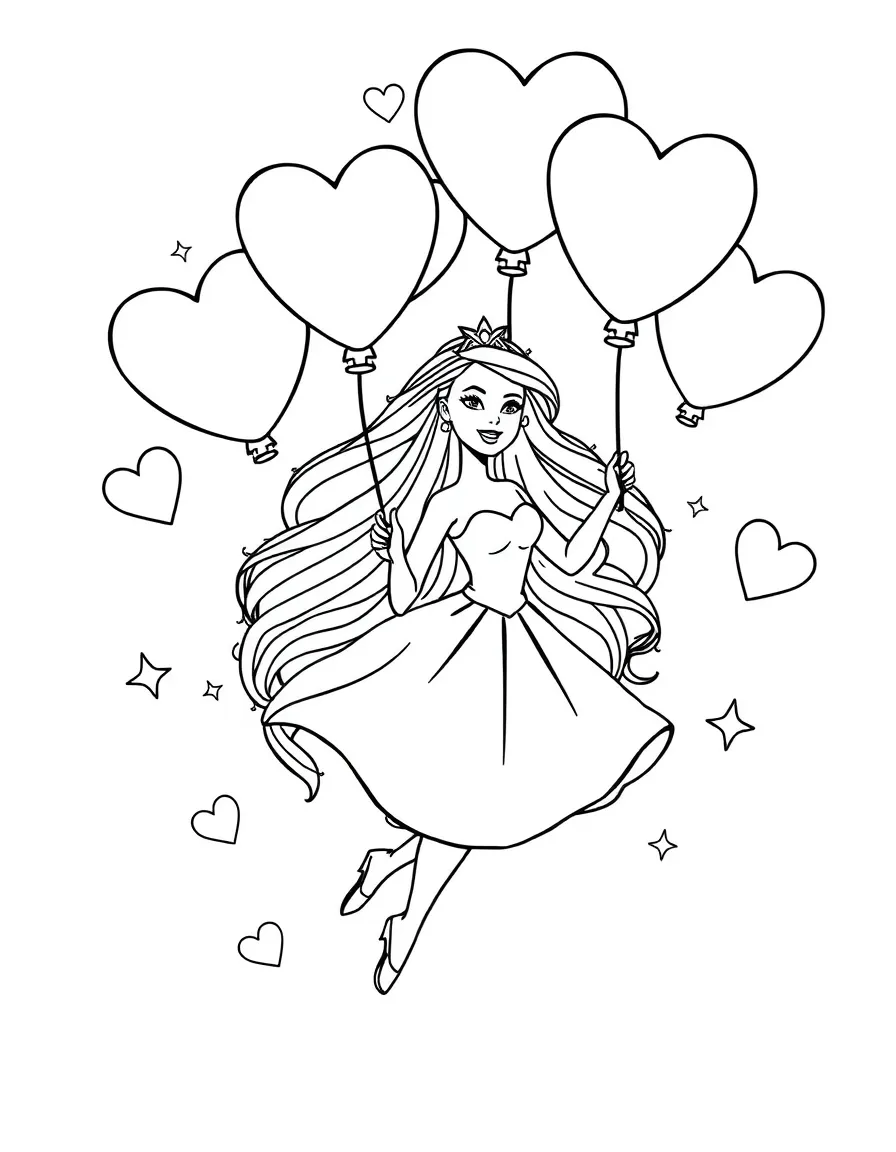 Barbie flying with balloons, with hearts and sparkles around.