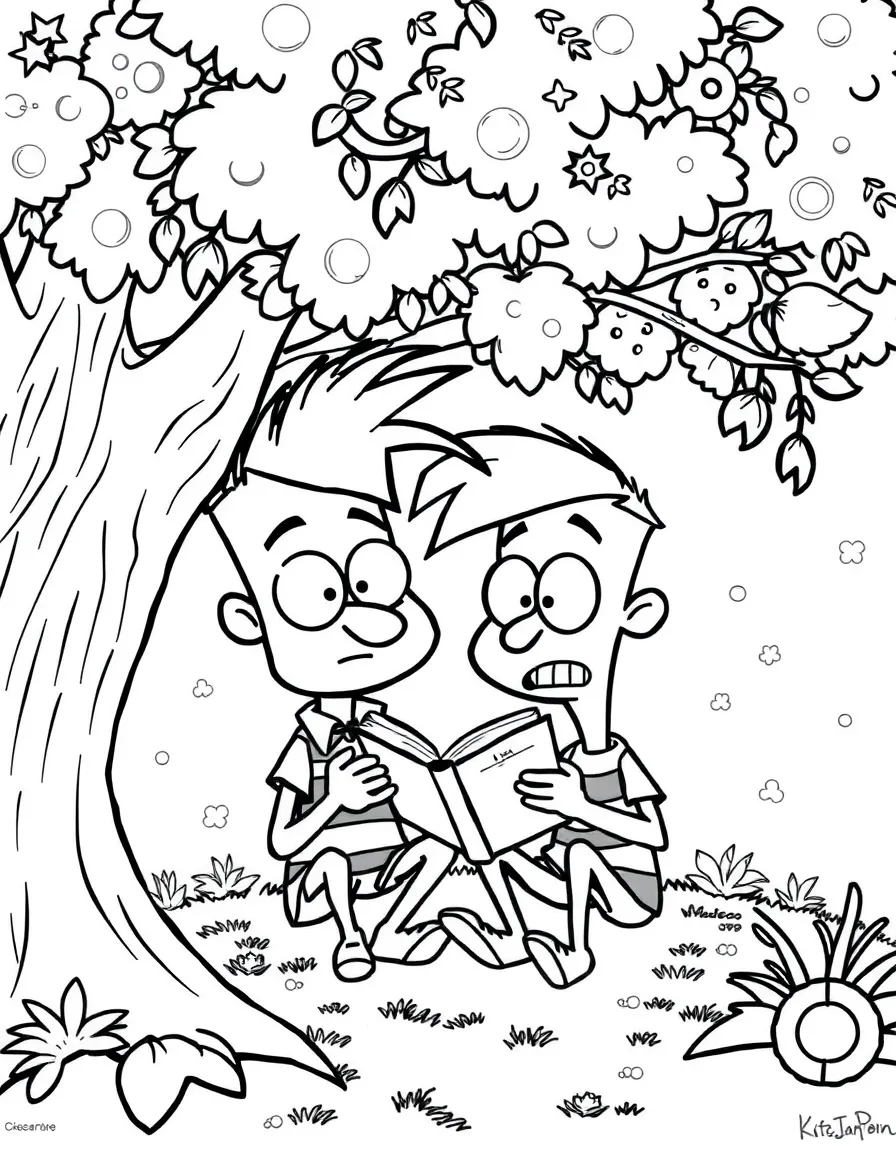 Phineas and Ferb reading a book under a tree, with playful patterns around.