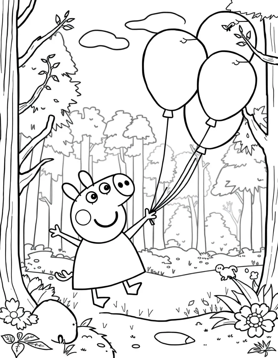 Peppa Pig flying with balloons, in a magical forest setting.